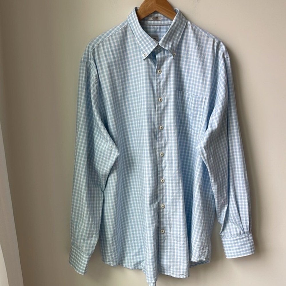 Peter Millar Blue White Checked Button Down Long Sleeve Shirt Preppy Size XL